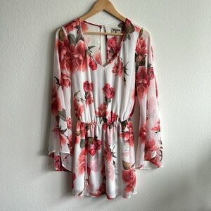 Show Me Your MUMU Pink Rose Floral Mini Dress 'Runaway' Sheer Bell Sleeves S